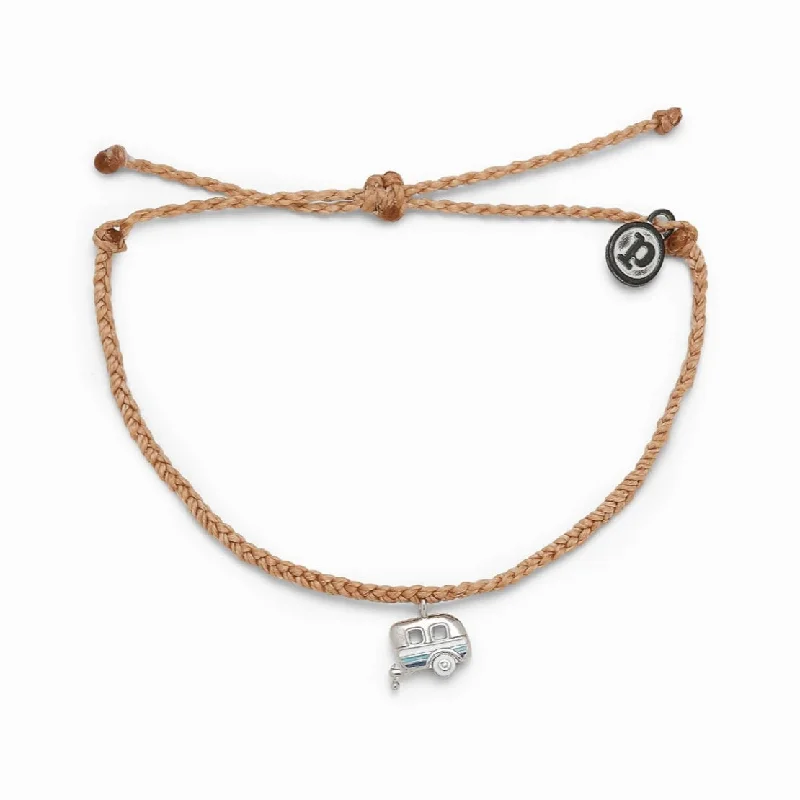 Ladies high sheen bracelets -Pura Vida On the Road Bracelet Cafe de Leche with Silver Happy Camper Charm