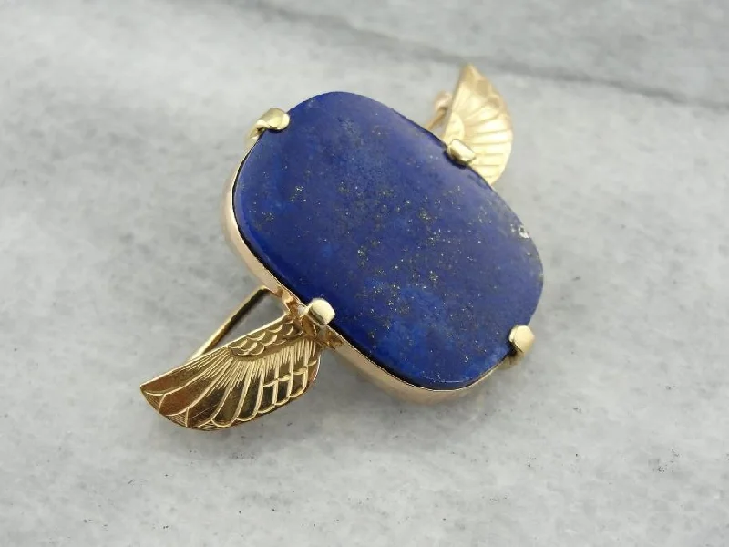 Ladies harmonious flair brooches -Vintage Egyptian Revival Lapis Brooch with Wing Details