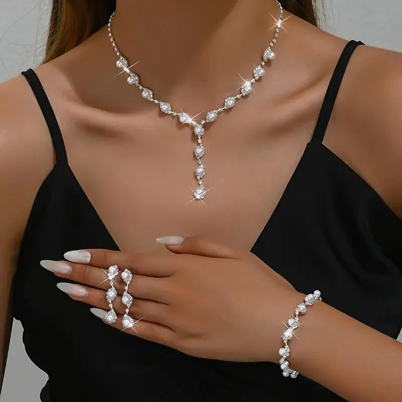 Ladies Earrings for Summer Glow-4pcs SILVER Jewelry Set l Rhinestone Pearls Earrings l Necklace l Bracelet l Prom l Wedding JS-910