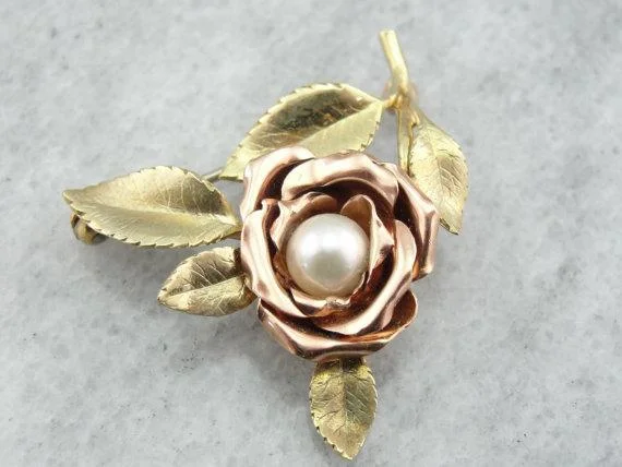 Ladies gleaming platinum brooches -Green and Pink Gold Rose Brooch with Pretty Pearl Center