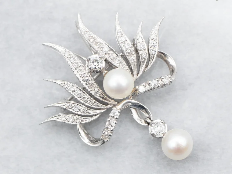 Ladies tranquil sapphire brooches -White Gold Pearl and Diamond Brooch or Pendant