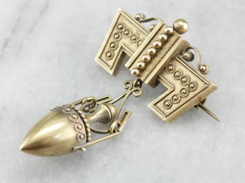 Ladies artistic abstract brooches -Victorian Etruscan Revival Gold Brooch with Mourning Urn