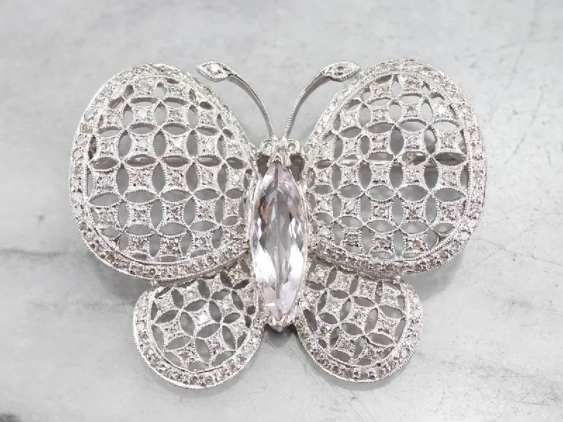 Ladies twisted knot brooches -Platinum Morganite Diamond Butterfly Brooch