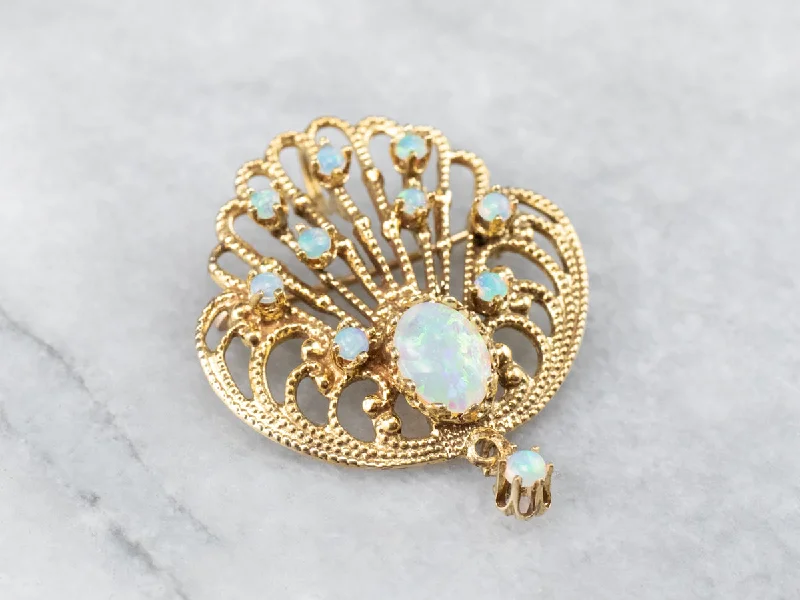 Ladies dog paw brooches -Ornate Opal Gold Filigree Brooch Pendant