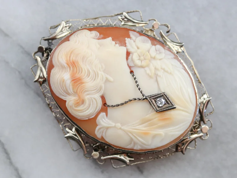 Ladies painted flair brooches -Vintage Diamond Cameo Brooch or Pendant