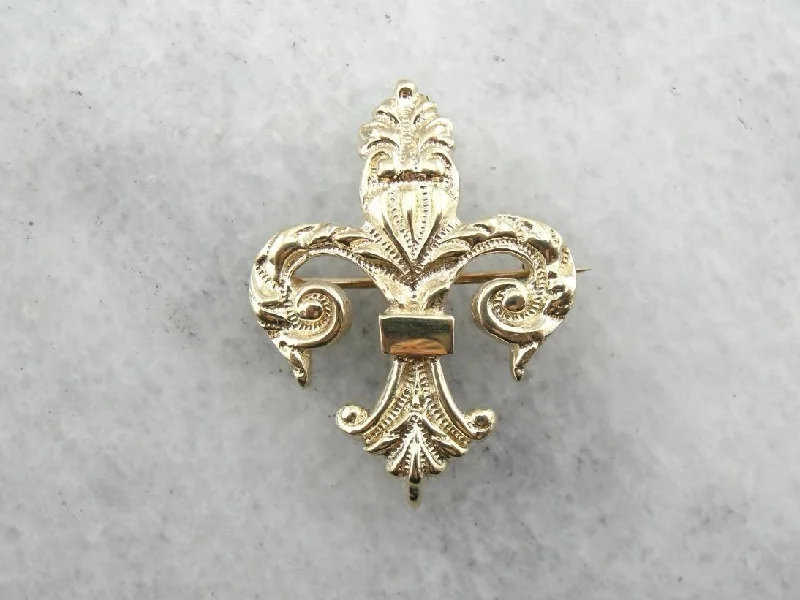 Ladies leaf gleam brooches -Antique Fleur De Lis Brooch in Fine Chased Gold