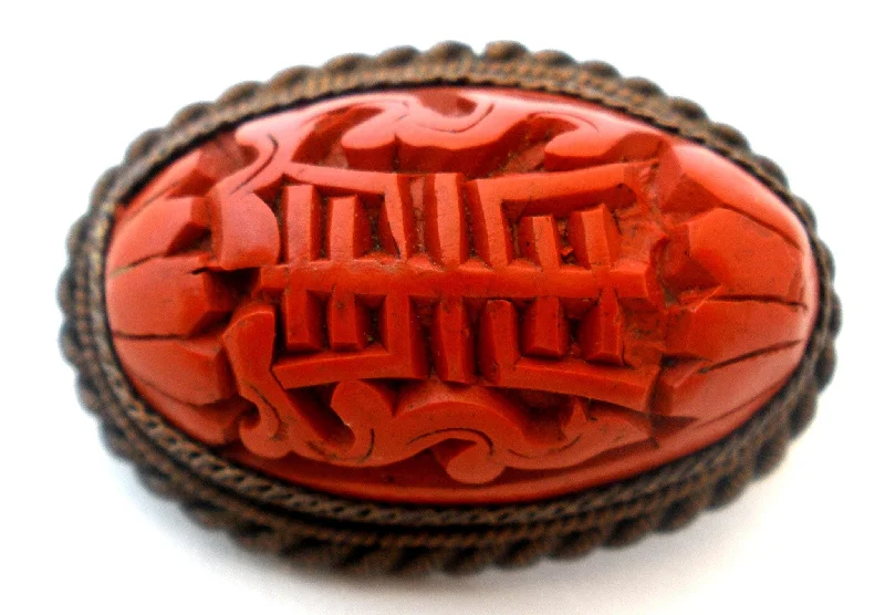 Ladies artistic abstract brooches -Vintage Chinese Export Cinnabar Brooch Pin