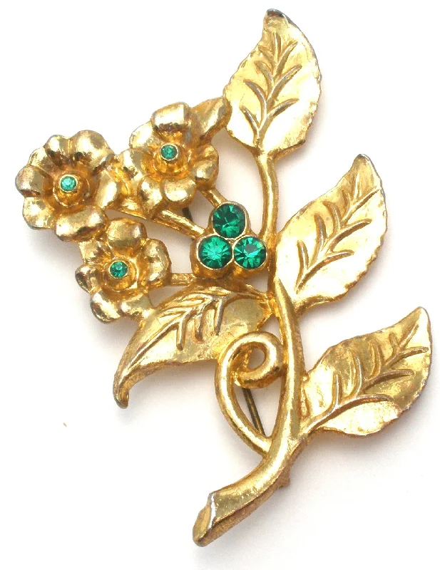 Ladies sleek onyx brooches -Vintage Flower Brooch with Green Rhinestones