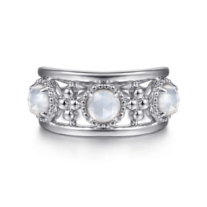 Ladies Rings with Radiant Gems-Gabriel & Co. - LR52125SVJXM - 925 Sterling Silver Rock Crystal and White MOP Station Ring