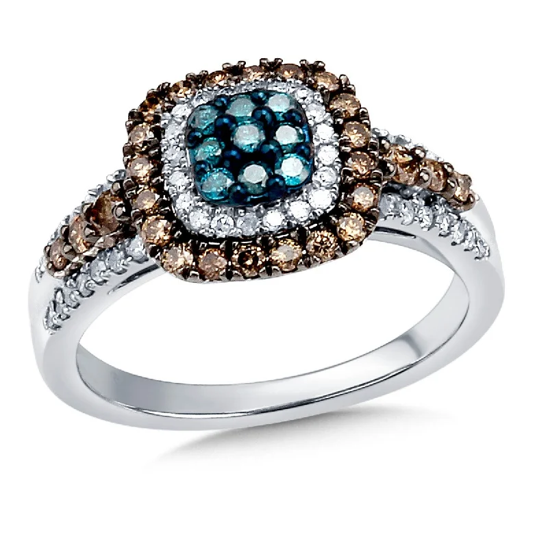 Ladies Rings for Artist Glow-14K White Gold Blue and Brown Color Diamond Halo Ring