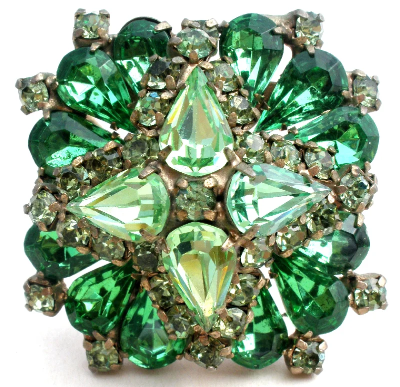 Ladies tranquil sapphire brooches -Green Rhinestone Layered Brooch Pin Vintage