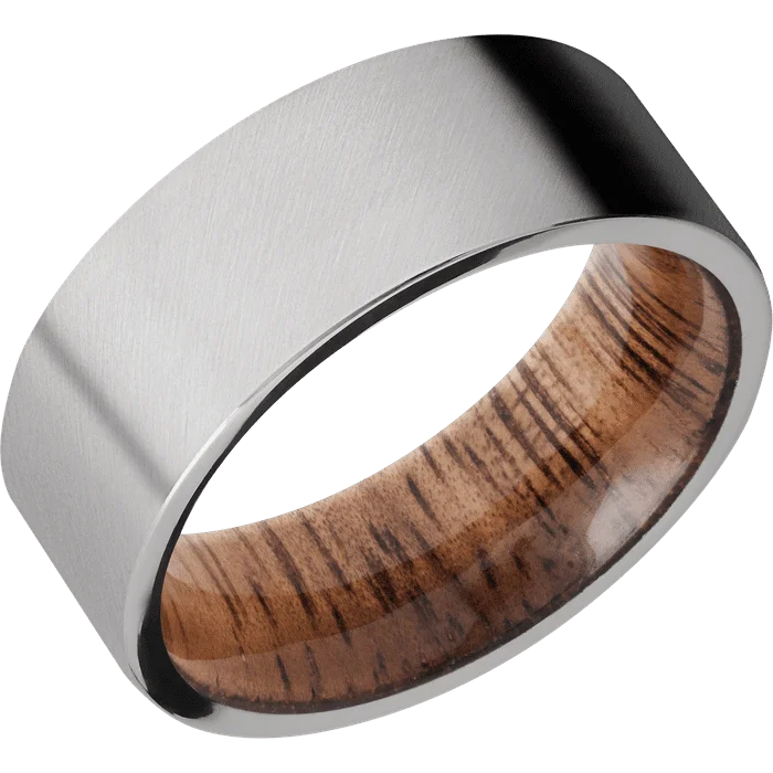 Ladies Rings for Teacher Shine-8mm wide Flat Titanium Ring with Angle Satin Finish / Koa Sleeve