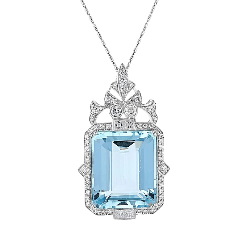 Ladies aged metal necklaces -JULEVE 51.33 CT AQUAMARINE & 2.42 CTW DIAMOND HALO SLIDE PENDANT NECKLACE