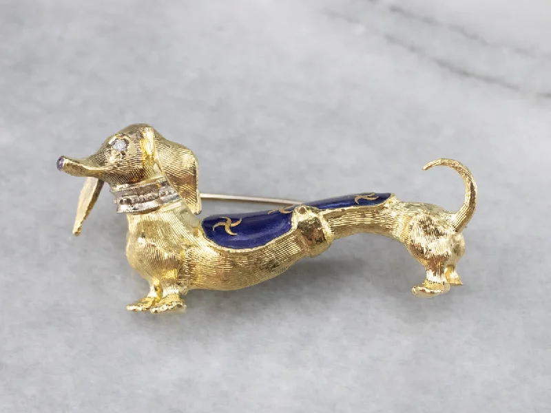 Ladies gleaming platinum brooches -Dachshund Diamond and Enamel Brooch