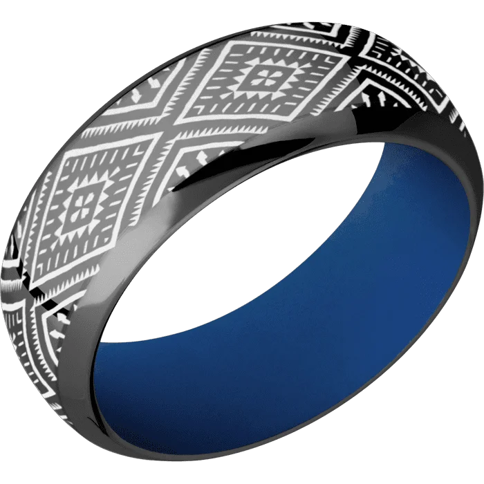 Ladies Rings Budget Shine-8mm wide Domed Bevel Black Zirconium Ring with Polish Finish / Aztec 1 Design and Snow White Cerakote Accents / Royal Blue Cerakote Sleeve