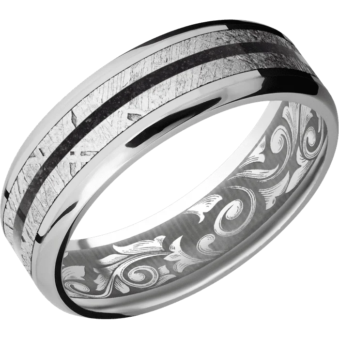 Ladies Rings for Design Shine-7mm wide Beveled Inconel Ring with Polish Finish / One 4mm Centered Meteorite Inlay / One 1mm Centered Black Dinosaur Bone Inlay / None Interior Pattern