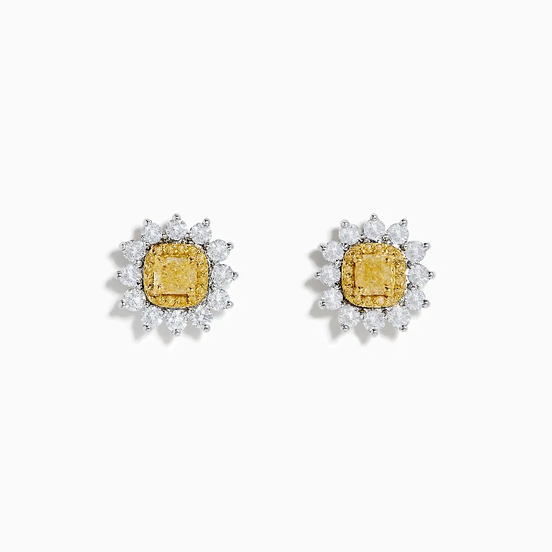 Ladies Earrings with Crescent Shine-Canare 18K Two Tone Gold White and Yellow Diamond Flower Earrings