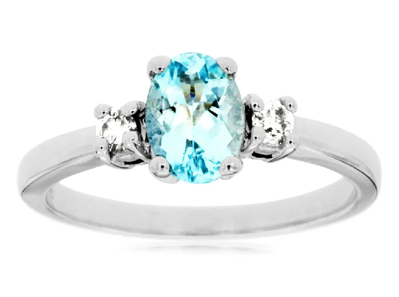 Ladies Rings with Leaf Glow-14k White Gold Oval Aquamarine and Diamond Ring W3194Q-AQ