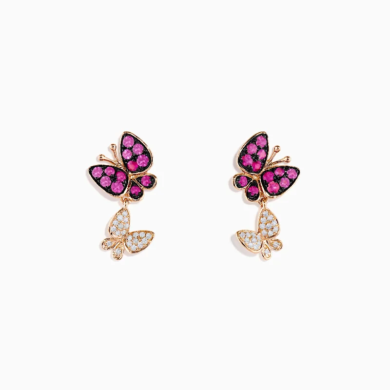 Ladies Earrings with Teardrop Spark-14K Rose Gold Pink Sapphire and Diamond Butterfly Earrings