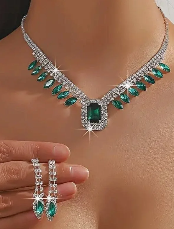 Ladies Earrings for Special Shine-3pcs SILVER Emerald Green Jewelry Set l Rhinestone Earrings l Necklace l Bracelet l Prom l Wedding JS-928