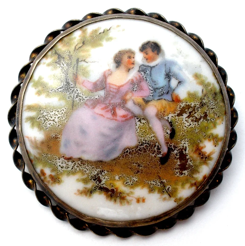 Ladies sleek bar brooches -Hand Painted Victorian Couple Brooch Pin