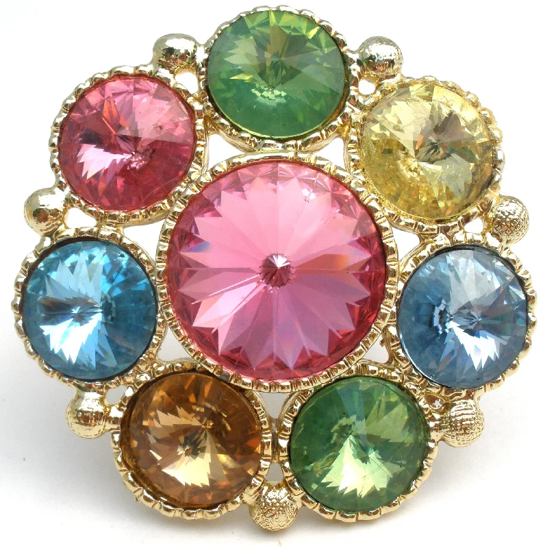 Ladies feathery light brooches -Multi Color Rivoli Rhinestone Brooch Vintage