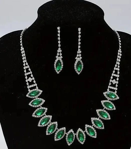 Ladies Earrings Boho Glow-3pcs SILVER Emerald Green Jewelry Set l Rhinestone Earrings l Necklace l Bracelet l Prom l Wedding JS-933