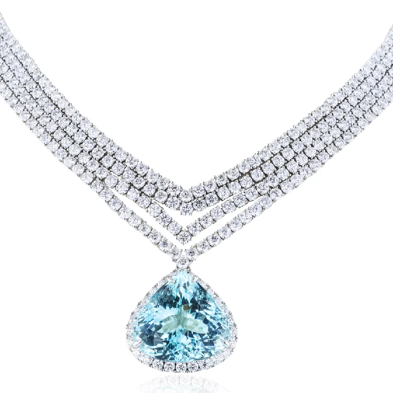 Ladies chakra flow necklaces -JULEVE 18K WHITE GOLD 36.00CTW PARAIBA TOURMALINE & 47.29CTW DIAMOND NECKLACE