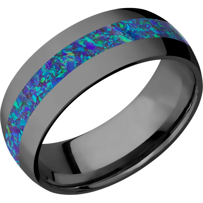 Ladies Rings Stackable Glow-8mm wide Domed Black Titanium Ring with Polish Finish / One 3mm Centered Pacific Sapphire Opal Inlay