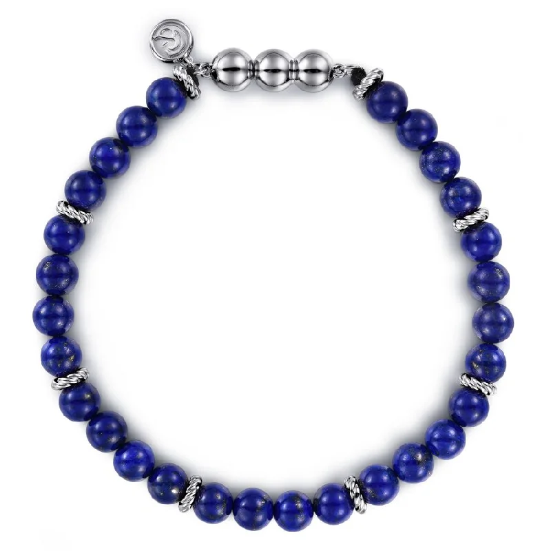 Ladies open cuff bracelets -Mens Lapis Beaded Bracelet in Silver by Gabriel & Co.