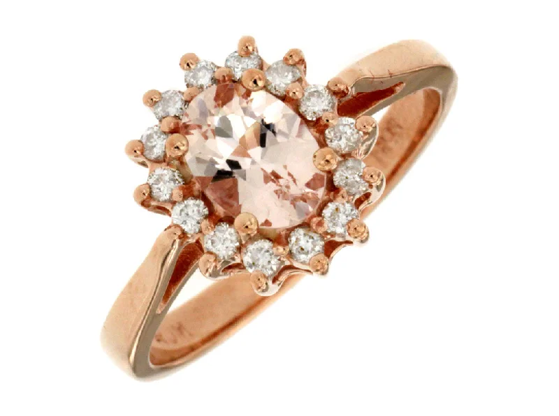 Ladies Rings with Rainbow Fluorite-14k Rose Gold Oval Morganite and Diamond Halo Ring PR3188M-MG