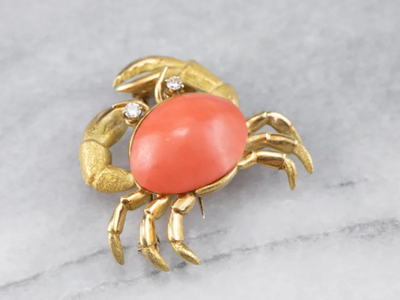 Ladies trendy vibe brooches -Vintage Coral and Diamond Crab Brooch