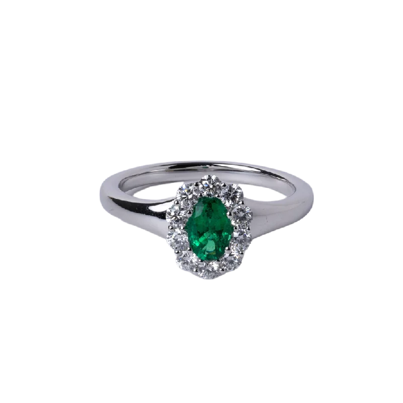 Ladies Rings Ethnic Spark-18k White Gold Emerald and Diamond Halo Ring