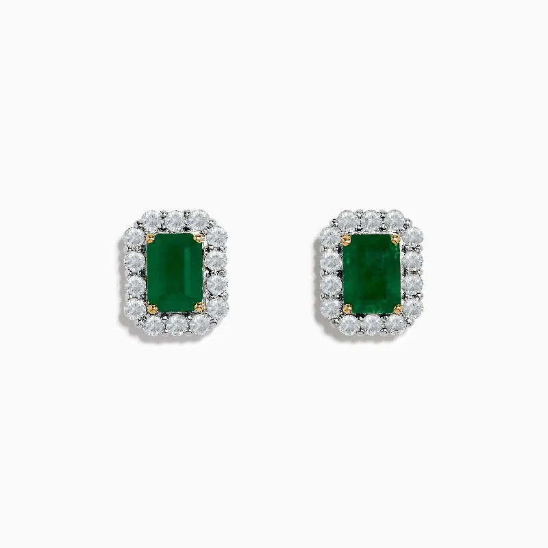 Ladies Earrings with Green Clinozoisite-14K Two Tone Gold Emerald and Diamond Earrings