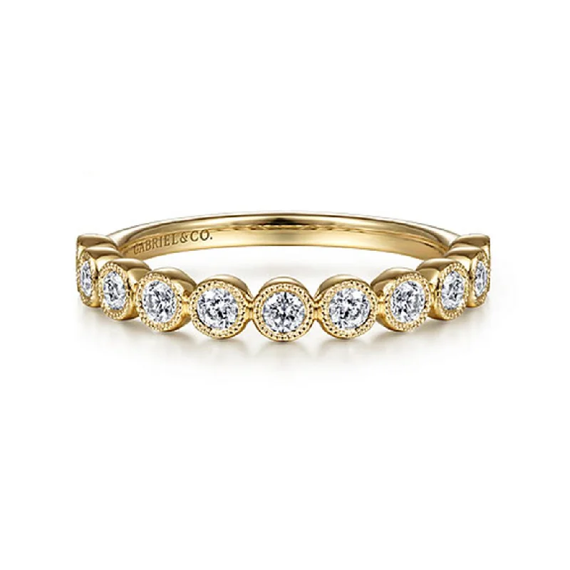 Ladies Rings with Amber Scapolite-Gabriel & Co 14K Yellow Gold Millgrain Bezel Diamond Stackable Ring