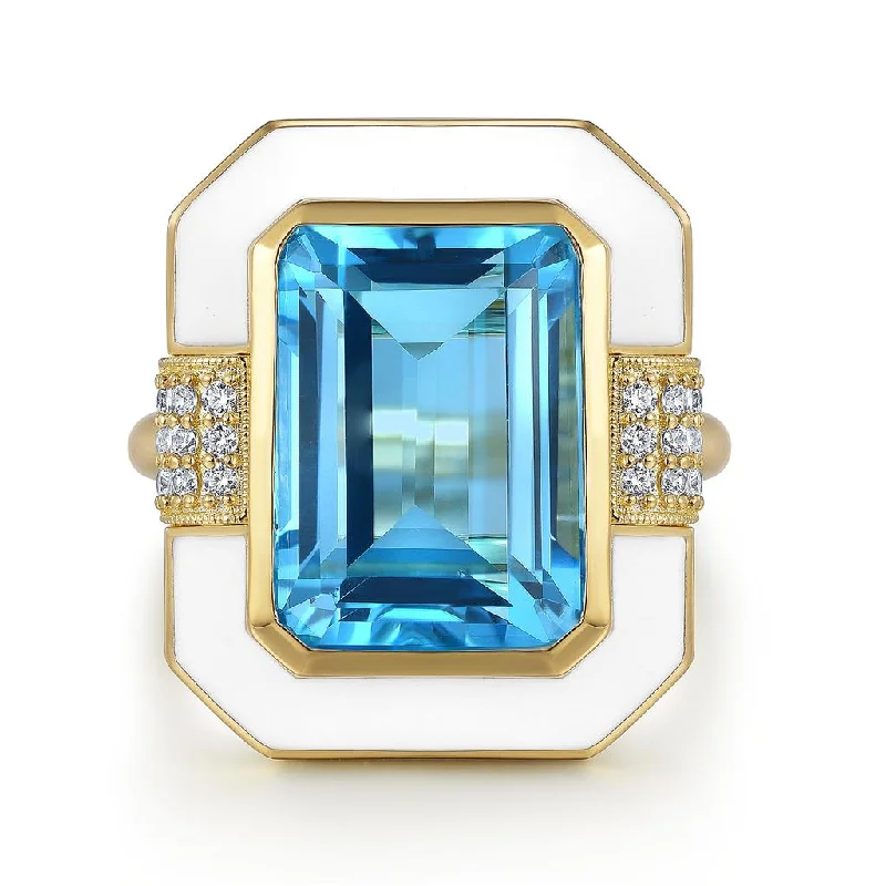 Ladies Rings with Wave Glow-Gabriel & Co. 14K Yellow Gold Diamond and Emerald Cut Blue Topaz Fashion Ring