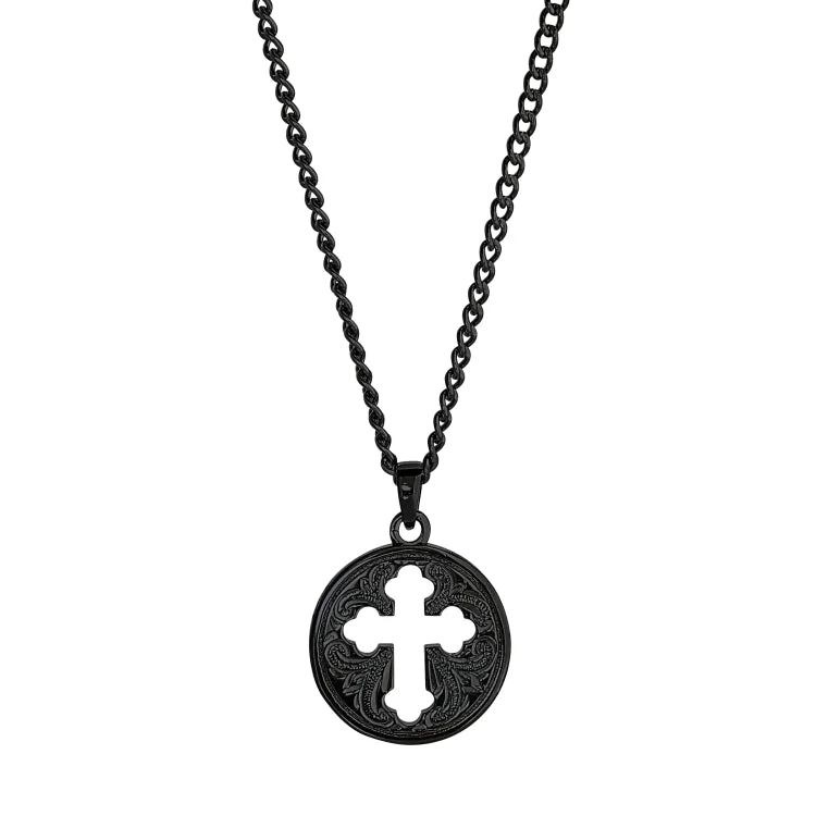 Ladies single glow necklaces -Black IP Finish Stainless Steel Cutout Cross Necklace on 20" Curb Chain