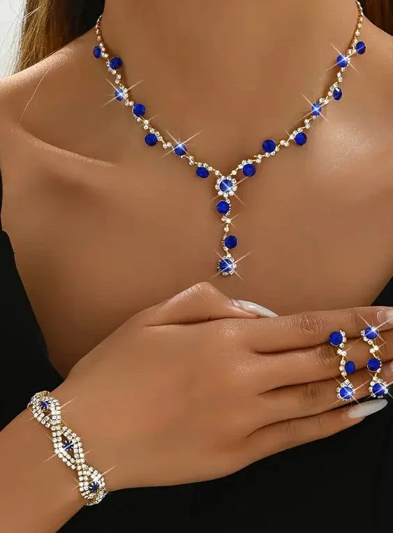 Ladies Earrings Timeless Spark-3pcs Blue Jewelry Set l Rhinestone Earrings l Necklace l Bracelet l Prom l Wedding JS-939