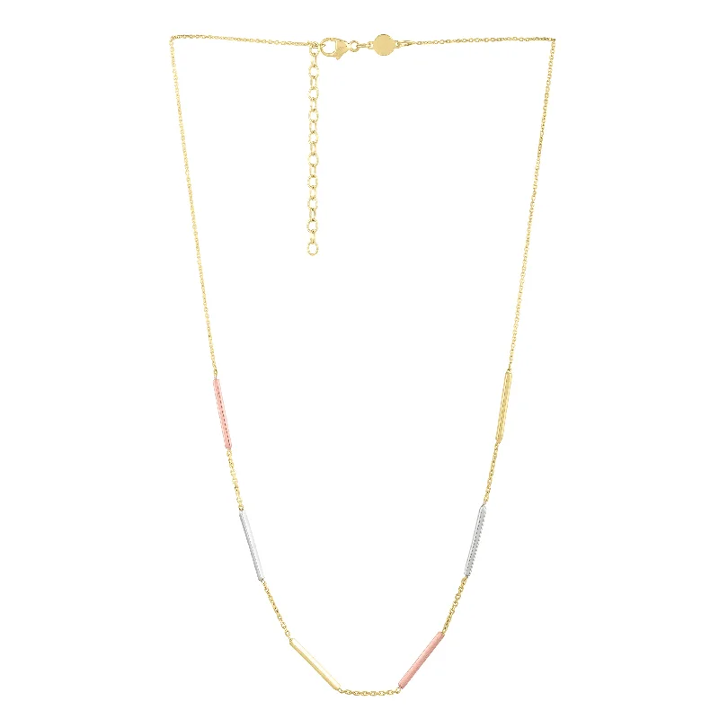 Ladies circular gleam necklaces -10K Tri-color Bar Station Necklace