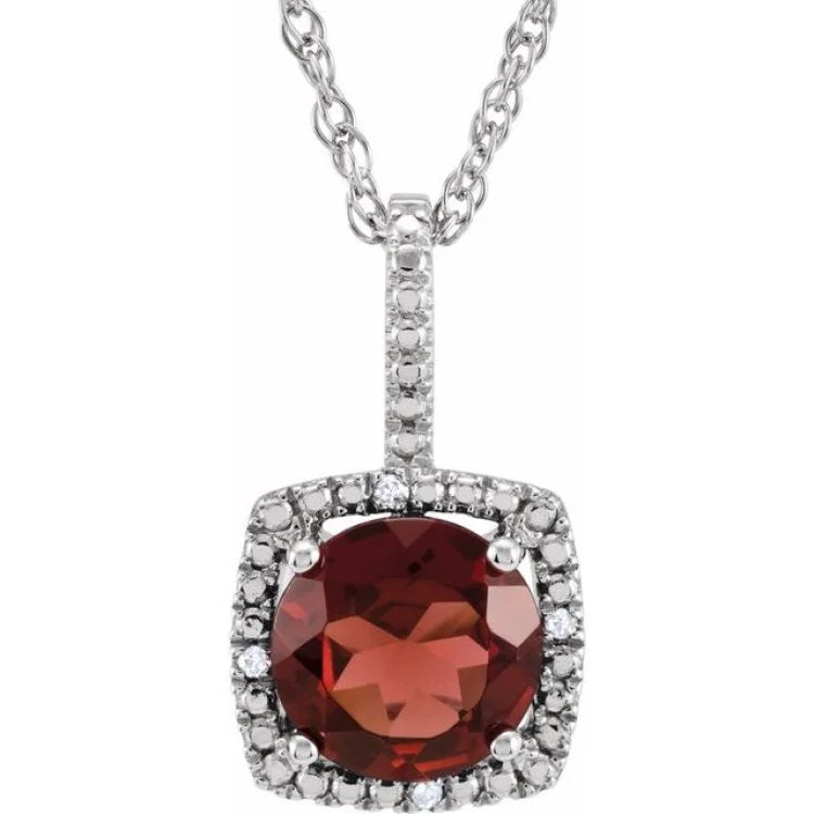 Ladies squared charm necklaces -Sterling Silver 7 mm Natural Mozambique Garnet & .015 CTW Natural Diamond 18" Necklace