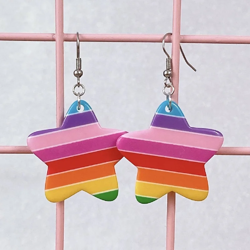 Ladies Earrings with Pink Tugtupite-Chunky Rainbow Stripe Star Earrings