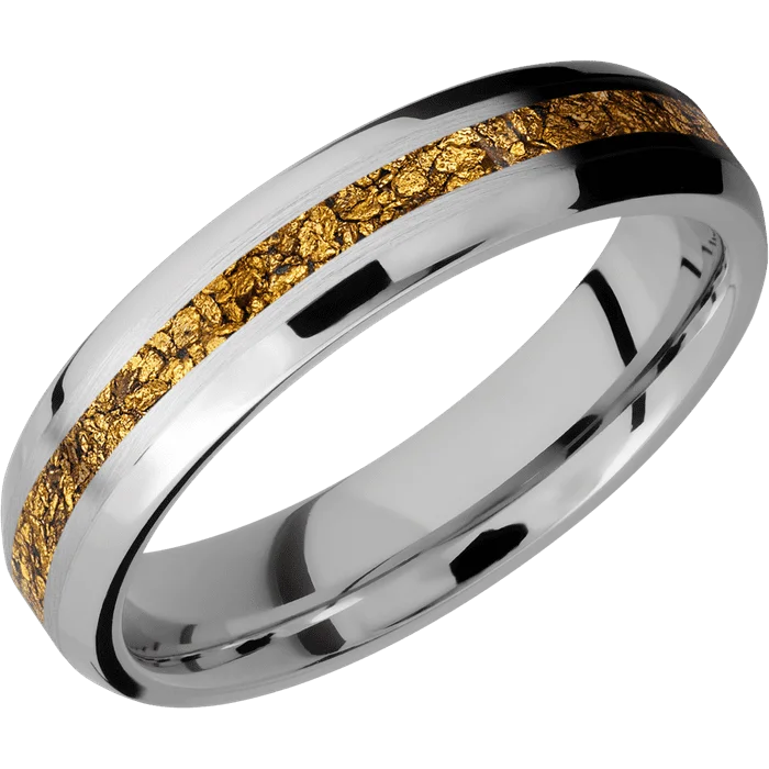 Ladies Rings for Beach Shine-5mm wide Beveled Platinum Ring with Satin Finish / One 2mm Centered 24k Raw Gold Nugget Inlay