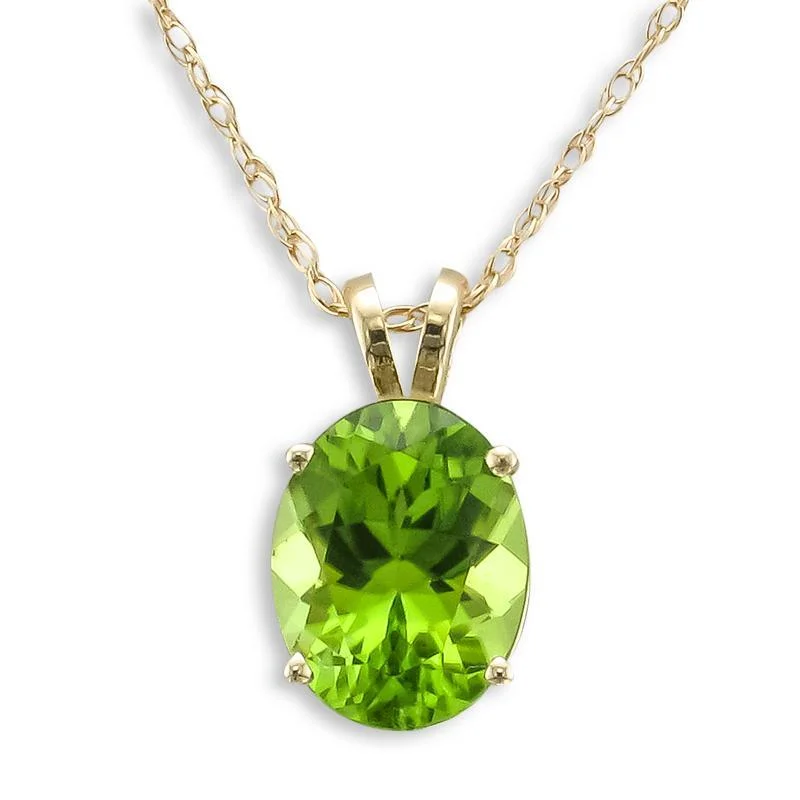 Ladies circular gleam necklaces -14KT YELLOW GOLD 9X7 MILLIMETER OVAL PERIDOT NECKLACE