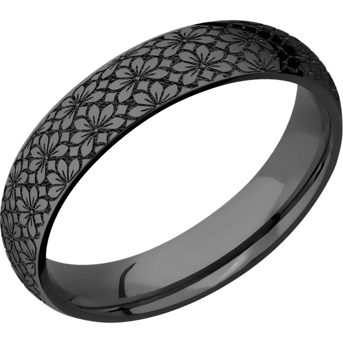 Ladies Rings with Teardrop Spark-5mm wide Domed Black Titanium Ring with Polish Finish / Floral 1 Design