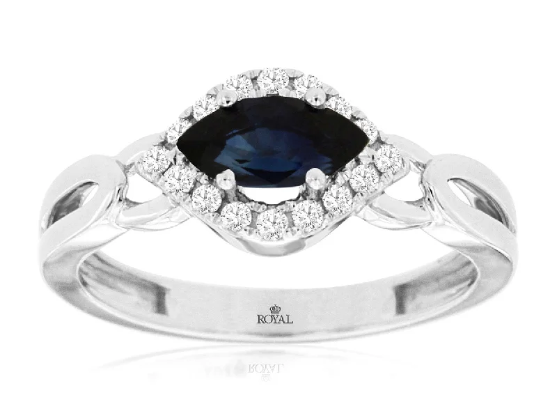 Ladies Rings with Yellow Xenotime-14K White Gold Marquise Shaped Sapphire Diamond Halo Ring