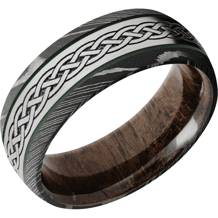 Ladies Rings with Cyan Richterite-8mm wide Domed Damascus Steel Ring with Acid Damascus Finish / One 4mm Centered Platinum Inlay with Satin Finish and Highland Green Cerakote Accents / Celtic 9 Inlay Design / Walnut Sleeve