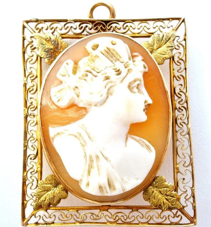 Ladies elephant trunk brooches -Cameo Pendant Brooch Victorian 10K Yellow Gold