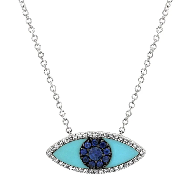 Ladies artistic abstract necklaces -14KT GOLD 0.74 CTW BLUE SAPPHIRE, DIAMOND & COMPOSITE TURQUOISE EYE NECKLACE