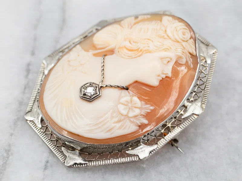 Ladies intricate filigree brooches -Exquisite Two Tone Cameo Brooch or Pendant with Diamond Accent