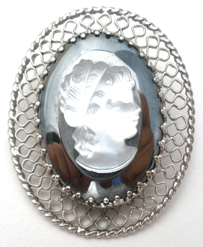 Ladies fluttering butterfly brooches -Vintage Raised Glass Cameo Hematite Brooch Pin